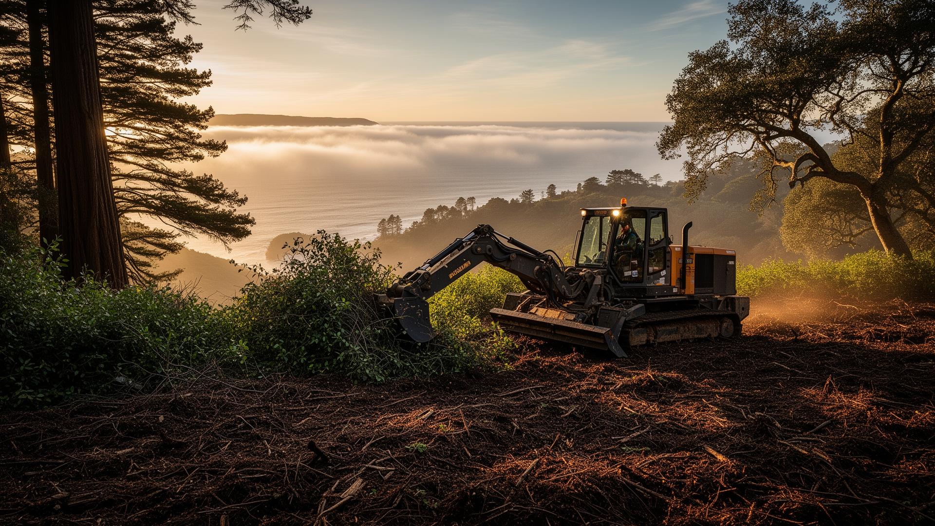 Forestry mulcher clearing brush on a Northern California coastal hillside
